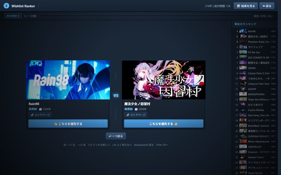 上位16本の決勝トーナメントの画面
